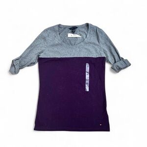 New!! Tommy Hilfiger purple & grey cotton top w beautiful sleeves button detail